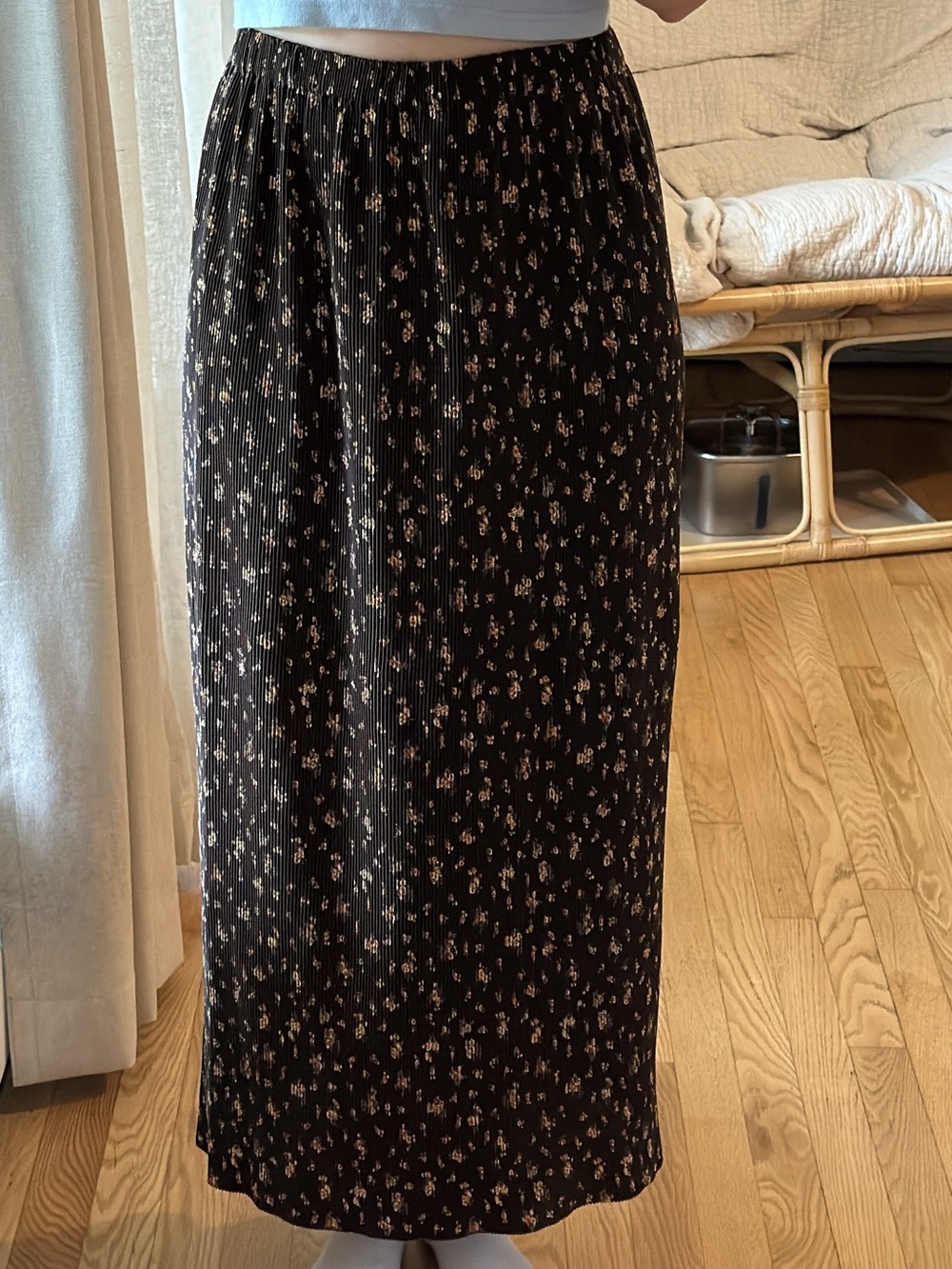 Vintage Brown Maxi Skirt with Small Yelliow Floral Print